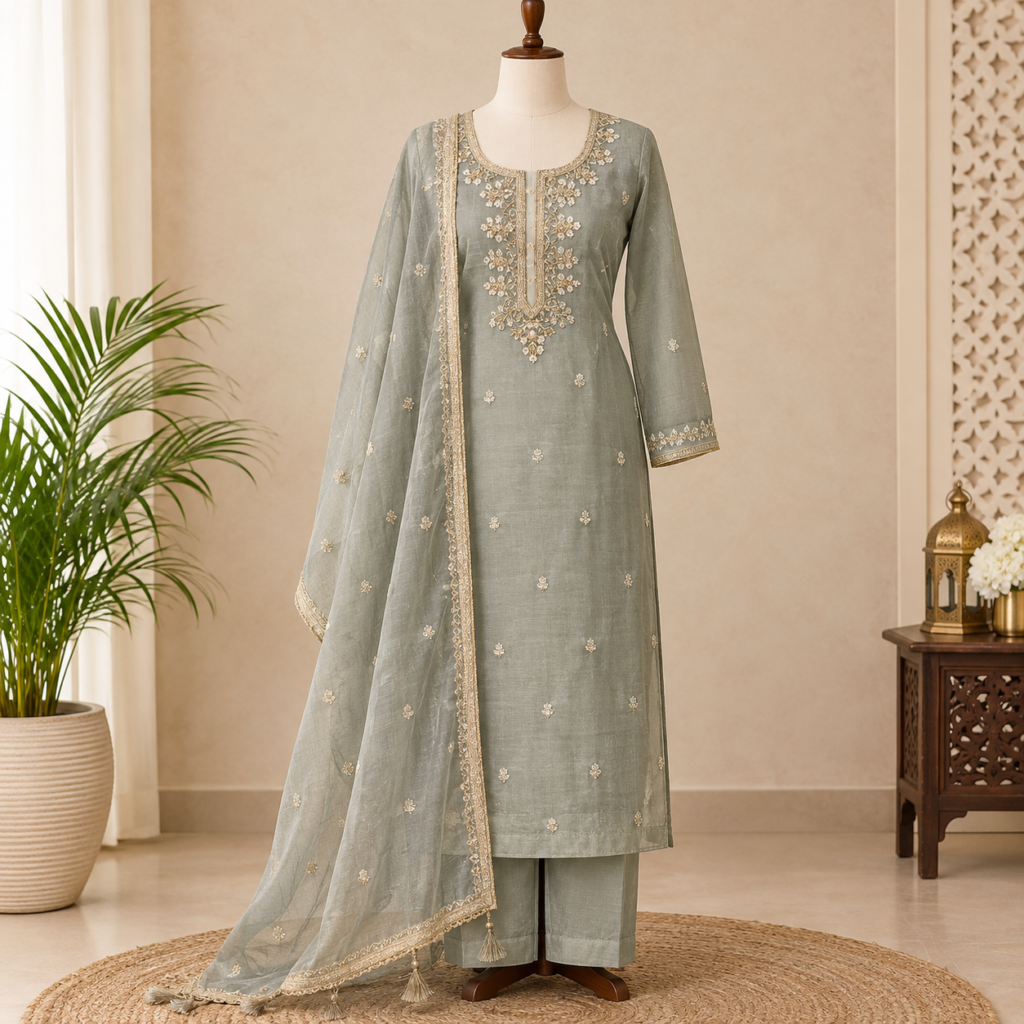 Unstitched Sage Green Organza Suit