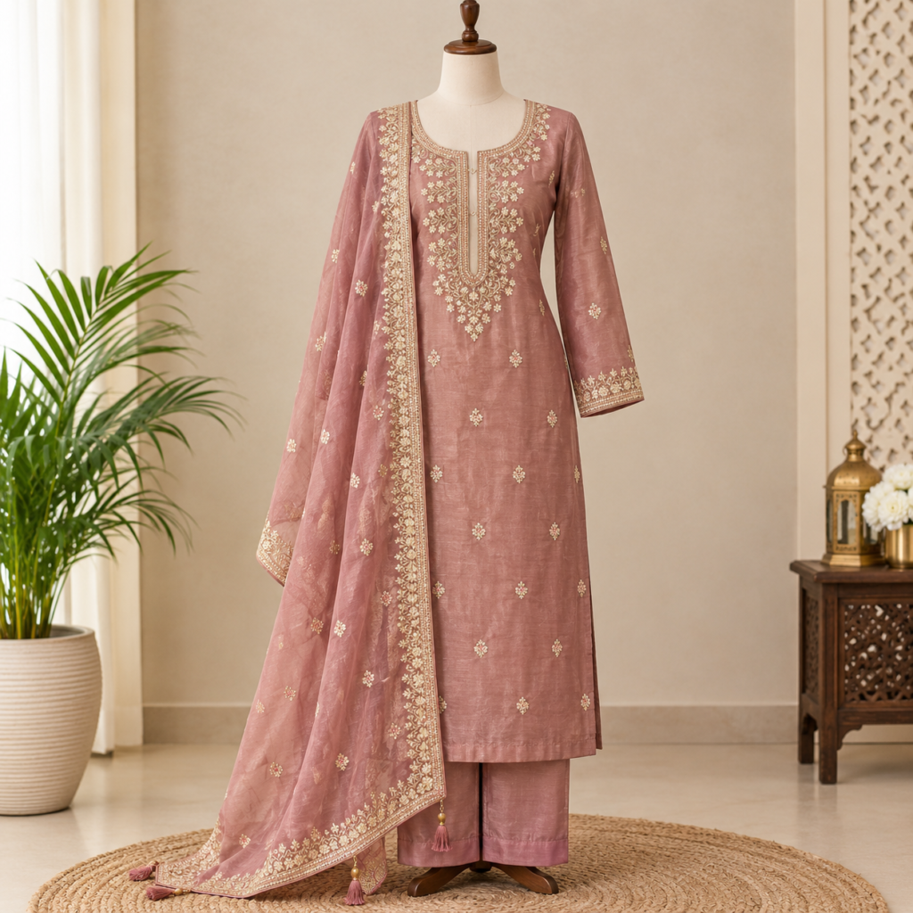 Unstitched Soft Reddish-Pink Organza Suit